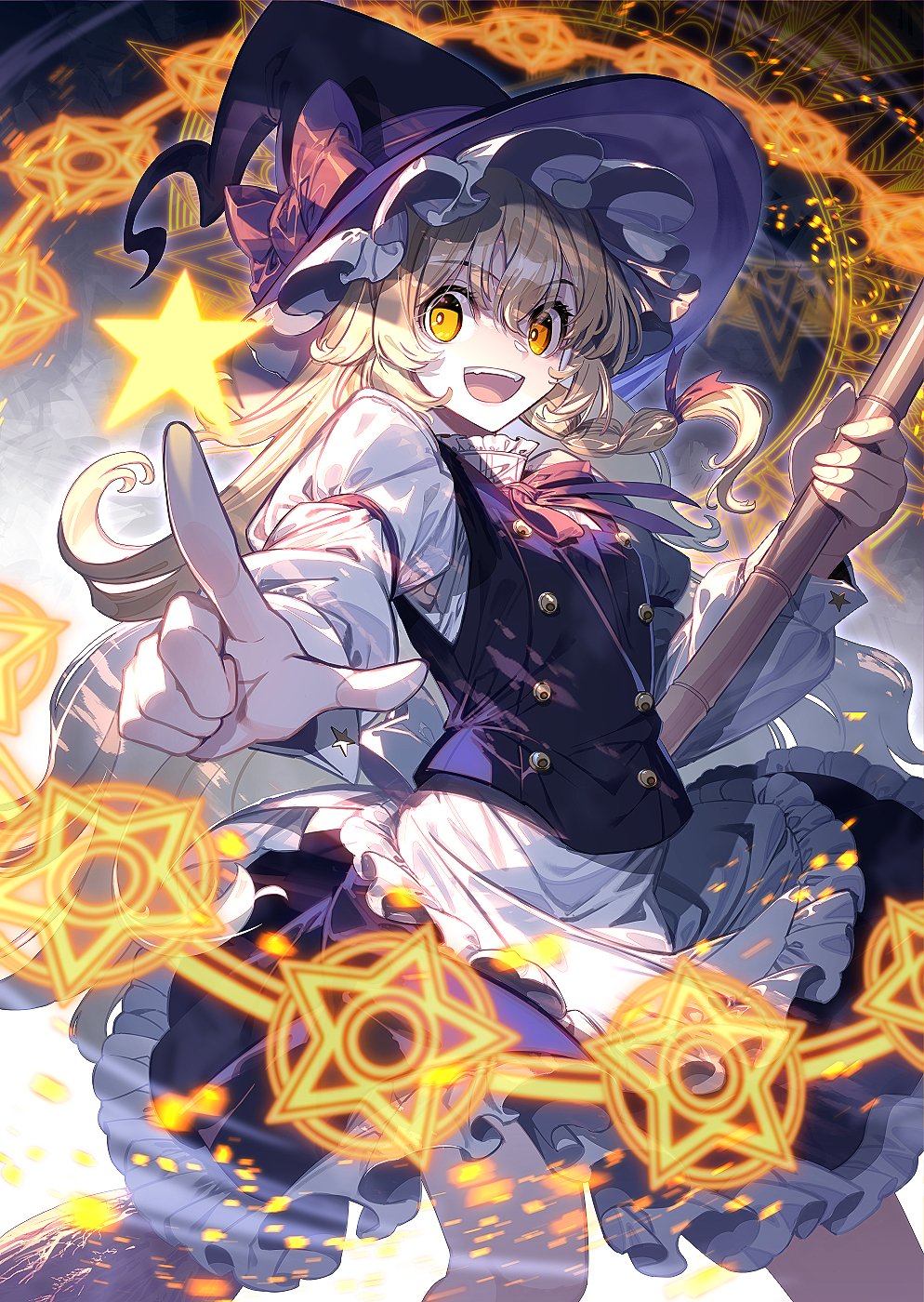 1girl apron black_skirt black_vest blonde_hair bow braid broom commentary_request hat hat_bow highres holding holding_broom kirisame_marisa long_hair long_sleeves looking_at_viewer magic open_mouth side_braid single_braid skirt smile solo star_(symbol) touhou vest waist_apron white_apron witch_hat yellow_eyes zounose
