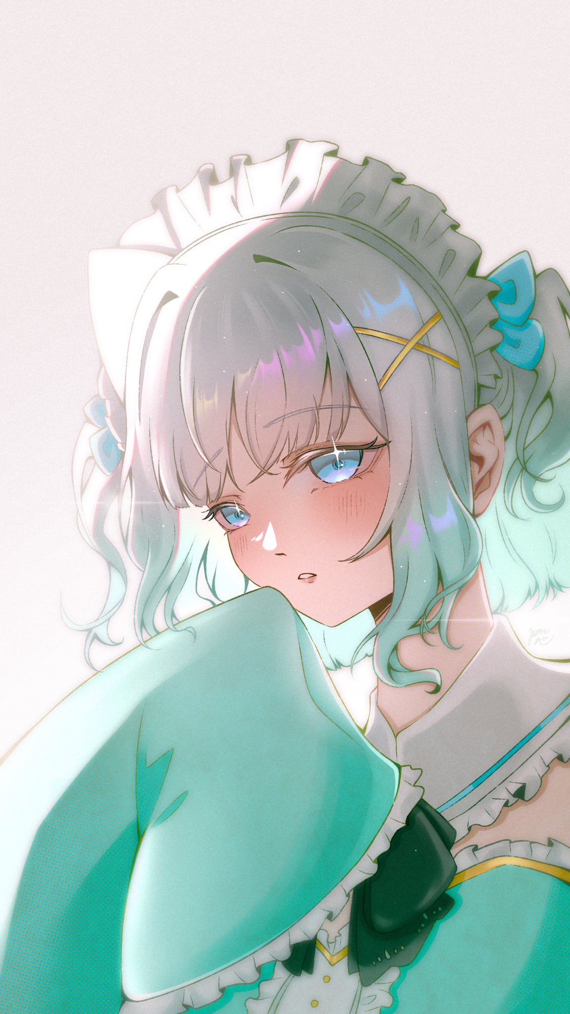 1girl aqua_hair blue_eyes blush english_commentary glint gradient_background gradient_hair hair_ornament hairclip highres indie_virtual_youtuber maid maid_headdress medium_hair mei_(hiimeiree) mint_fantome multicolored_hair parted_lips signature sleeves_past_fingers sleeves_past_wrists solo virtual_youtuber white_hair