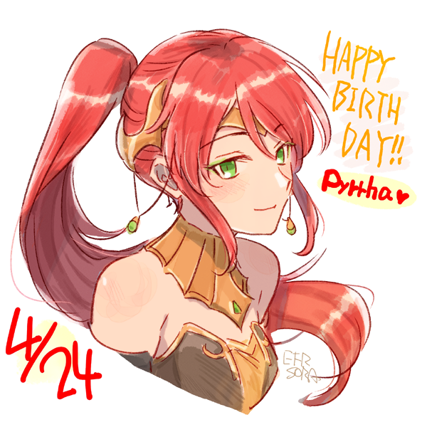 1girl bare_shoulders character_name circlet dated diadem earrings forehead_protector green_eyes happy_birthday heart jewelry long_hair ponytail pyrrha_nikos redhead rwby simple_background smile solo sora_(efr) white_background