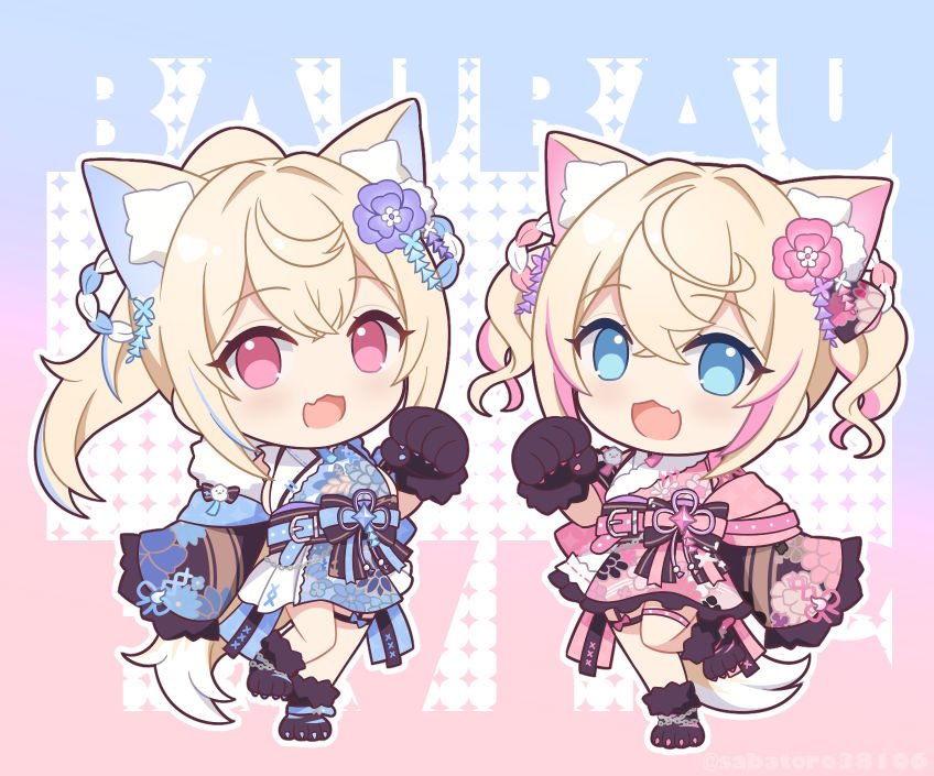 2girls :d ahoge animal_ear_fluff animal_ears animal_hands belt black_eyes blonde_hair blue_belt blue_hair blue_kimono chibi colored_inner_animal_ears commentary crossed_bangs dog_ears dog_girl dog_tail fang flower fuwamoco fuwawa_abyssgard fuwawa_abyssgard_(new_year) gloves hair_between_eyes hair_flower hair_ornament hololive hololive_english japanese_clothes kimono looking_at_viewer misakiotukimi mococo_abyssgard mococo_abyssgard_(new_year) multicolored_hair multiple_girls official_alternate_costume official_alternate_hairstyle open_mouth outline paw_gloves paw_shoes pink_belt pink_eyes pink_hair pink_kimono siblings skin_fang smile streaked_hair tail twins twintails two-tone_hair virtual_youtuber white_outline wide_sleeves
