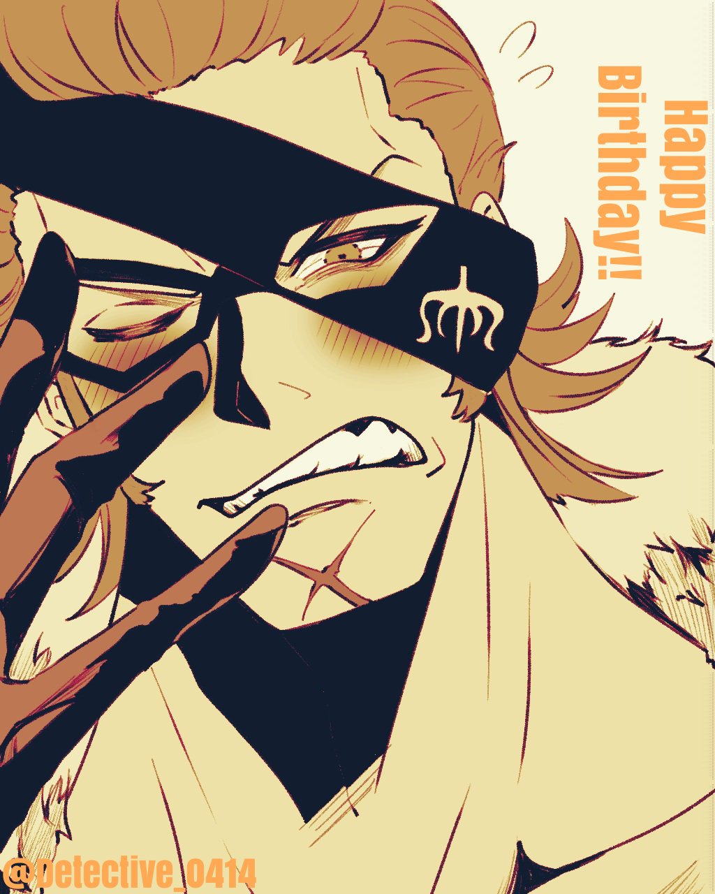 1boy blush commentary_request detective_0414 eye_mask gloves happy_birthday highres looking_at_viewer male_focus one_eye_closed one_piece orange_theme scar scar_on_face short_hair simple_background solo sweatdrop twitter_username x_drake