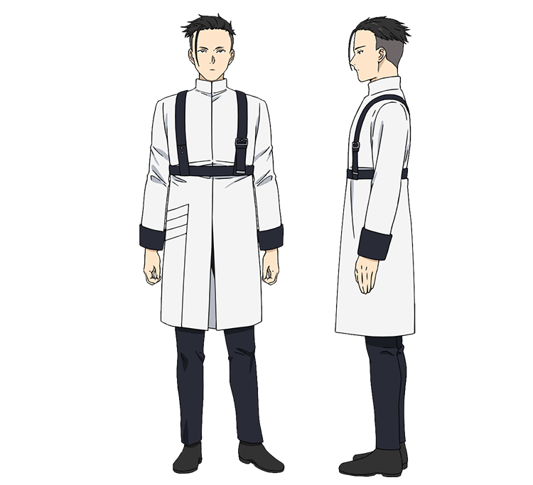 1boy black_footwear black_hair black_pants expressionless from_side full_body jacket long_sleeves male_focus official_art pants profile reference_sheet scharf_(sousou_no_frieren) short_hair sousou_no_frieren straight-on transparent_background white_jacket