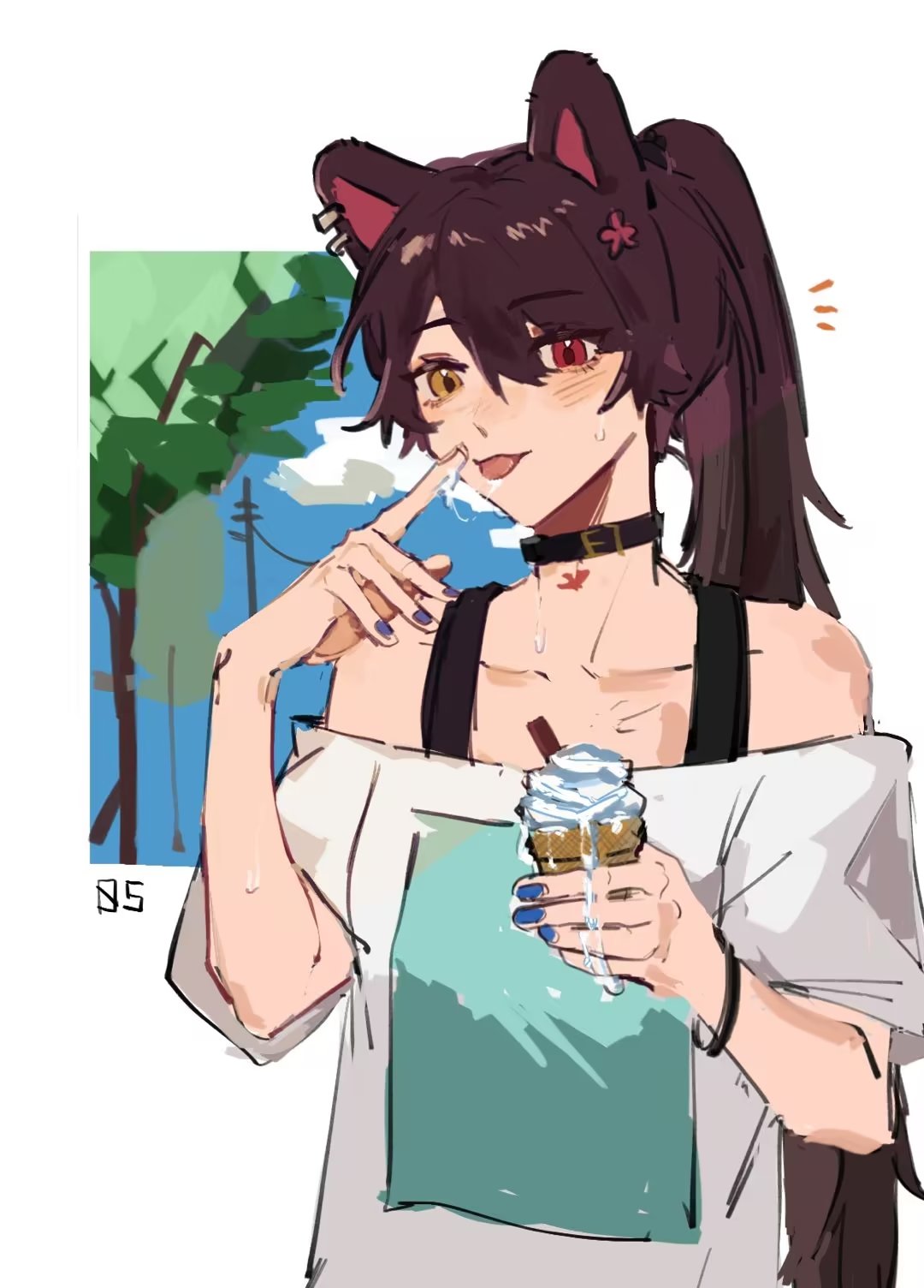 1girl animal_ears black_bra blue_nails blue_sky bra bracelet brown_hair chinese_commentary clouds collar commentary_request day dog_ears ear_piercing food hand_up hetero highres holding holding_food ice_cream ice_cream_cone inui_toko jewelry lingyi long_hair nijisanji notice_lines off-shoulder_shirt off_shoulder open_mouth outdoors piercing ponytail purple_nails red_eyes saliva saliva_trail shirt short_sleeves sky solo sweat tongue tongue_out tree underwear upper_body virtual_youtuber white_shirt yellow_eyes