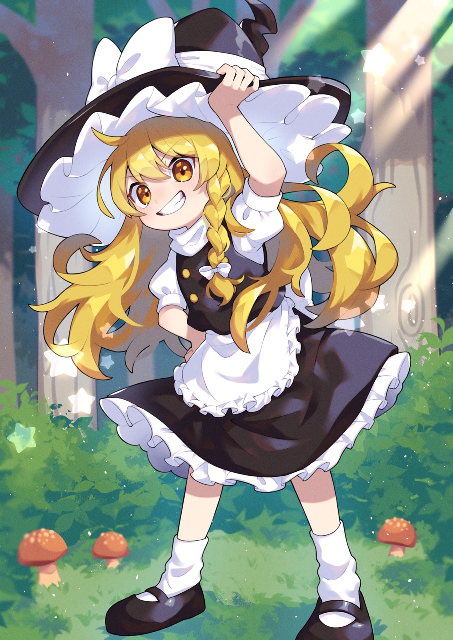 1girl apron black_footwear black_hat black_skirt black_vest blonde_hair bow braid commentary fang flat_chest forest frilled_apron frilled_hat frilled_skirt frills full_body grin hair_bow hand_on_headwear hand_on_own_hip hat hat_bow highres kirisame_marisa long_hair mary_janes mushroom nature outdoors puffy_short_sleeves puffy_sleeves shirt shoes short_sleeves single_braid skirt smile socks solo star_(symbol) teru_(245_neko) touhou vest waist_apron white_apron white_bow white_shirt white_socks witch_hat