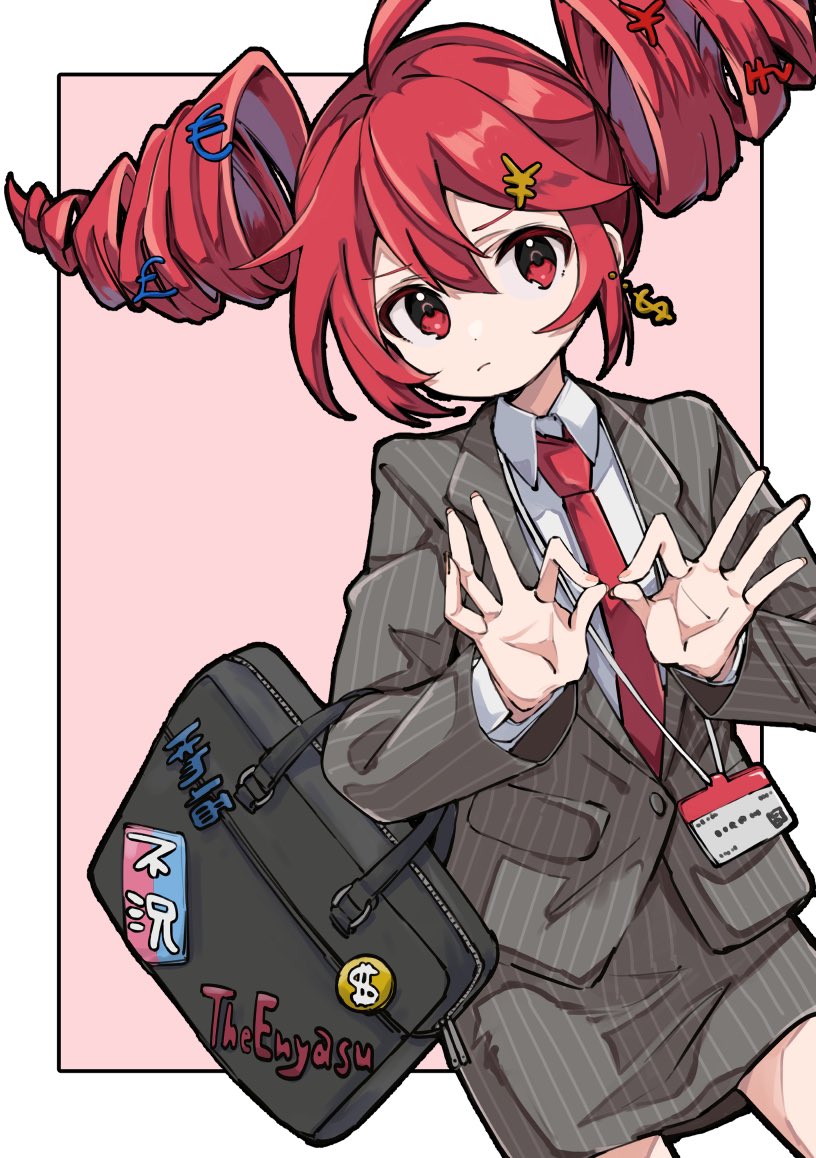 1girl 3774. ahoge bag border collared_shirt cowboy_shot dangle_earrings dollar_sign double_ok_sign drill_hair earrings euro_sign floating_hair frown furrowed_brow grey_jacket grey_skirt hands_up jacket jewelry kasane_teto lanyard lapels long_hair long_sleeves looking_at_viewer money_hair_ornament necktie office_lady outside_border own_hands_together pink_background pinstripe_jacket pinstripe_pattern pinstripe_skirt pound_sign red_eyes red_necktie redhead shirt shoulder_bag skirt skirt_suit solo standing suit suit_jacket twin_drills utau white_border yen_sign