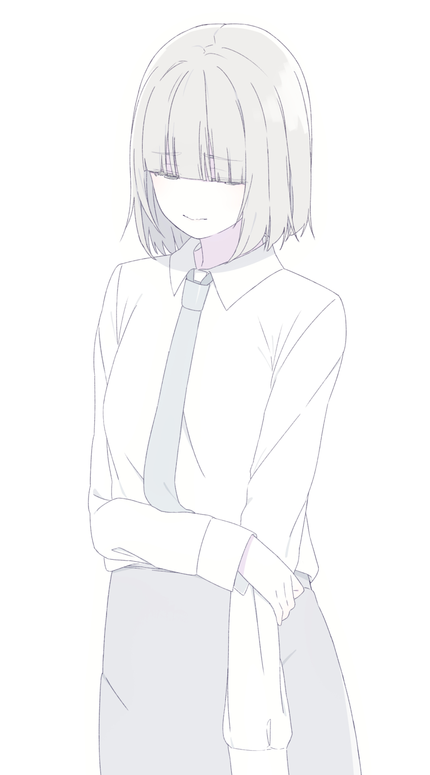 1girl blunt_bangs bob_cut closed_mouth collared_shirt grey_necktie grey_skirt hair_over_eyes highres holding_own_arm natuich necktie original pleated_skirt shirt short_hair simple_background skirt upper_body white_background white_hair white_shirt