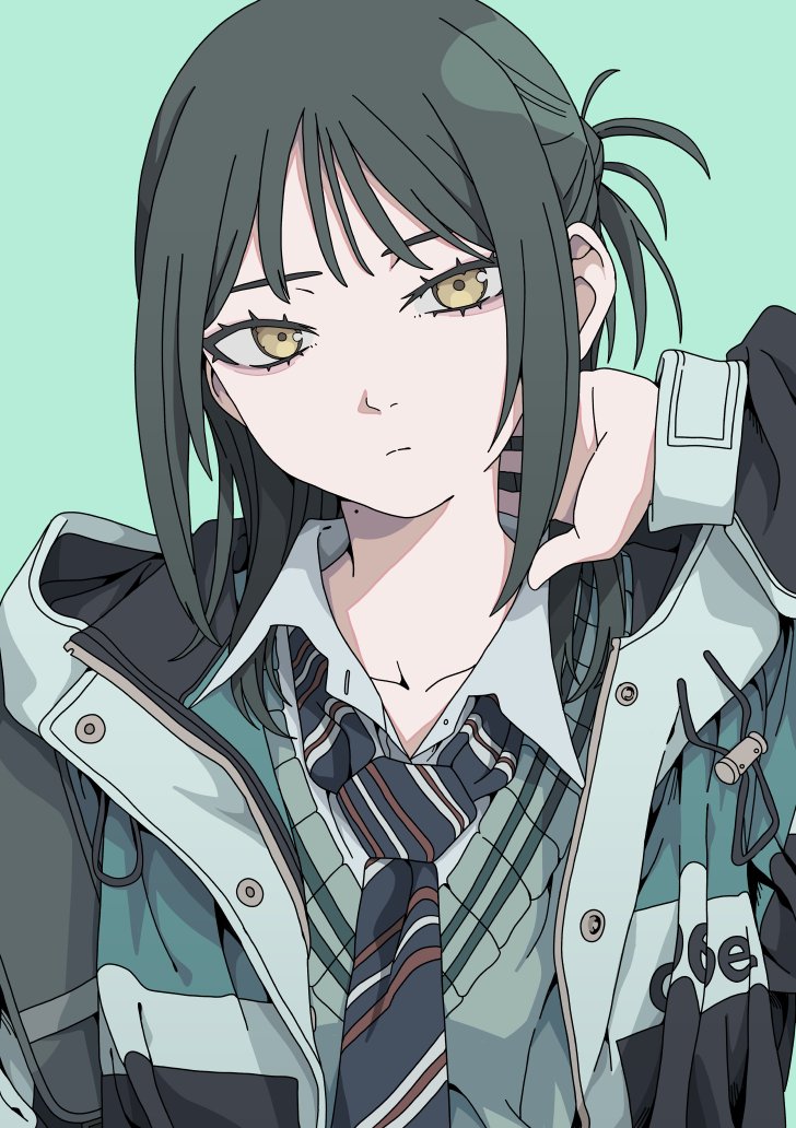 1girl black_hair blue_necktie closed_mouth collarbone collared_shirt commentary_request green_background green_sweater_vest hair_bun haku_geroda hand_on_own_neck hand_up head_tilt jacket light_frown long_sleeves looking_at_viewer loose_necktie medium_hair mole mole_on_neck multicolored_clothes multicolored_jacket necktie open_clothes open_collar open_jacket original shirt shoulder_strap side_up_bun sidelocks simple_background single_side_bun solo striped_necktie sweater_vest thick_eyelashes tsurime upper_body white_shirt yellow_eyes