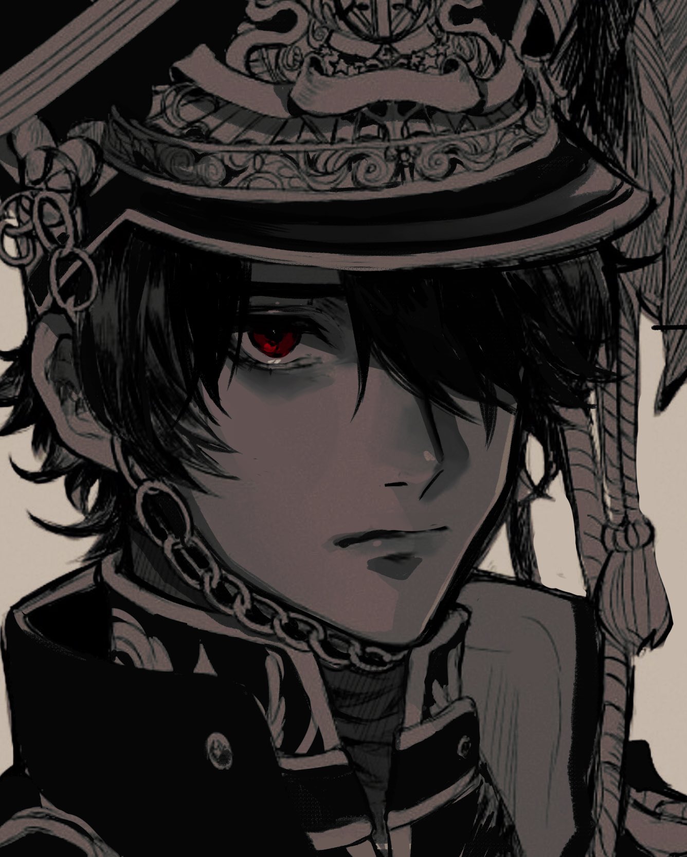 1boy closed_mouth commentary_request grey_background hair_over_one_eye helmet high_collar highres male_focus minai_mosa original portrait red_eyes short_hair simple_background solo spot_color