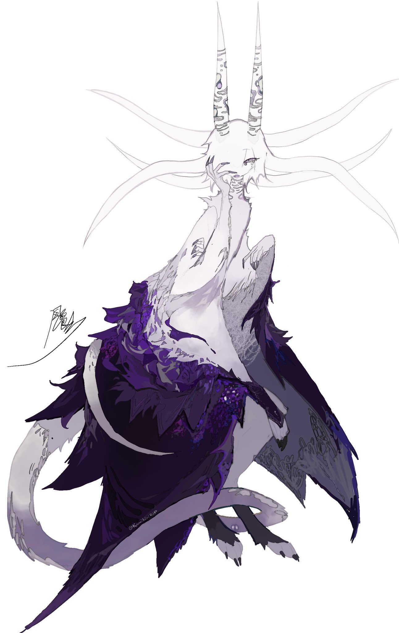 animal_feet creature feathers highres horns kamikiririp no_humans original purple_feathers purple_wings sitting solo tail white_feathers white_fur white_hair white_horns white_tail wings