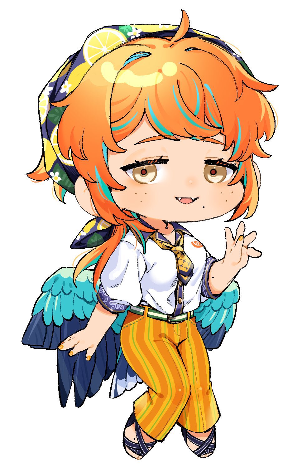 1girl bird_girl bird_tail bird_wings black_footwear blue_hair blue_wings chibi chibi_only collared_shirt commentary fangs feathered_wings freckles full_body hand_up head_scarf highres long_hair looking_at_viewer low_wings mole mole_under_mouth multicolored_hair multiple_moles open_mouth orange_hair orange_nails orange_shirt original rramarukun shirt simple_background solo streaked_hair striped_clothes striped_shirt symbol-only_commentary tail waving white_background white_shirt wings yellow_eyes