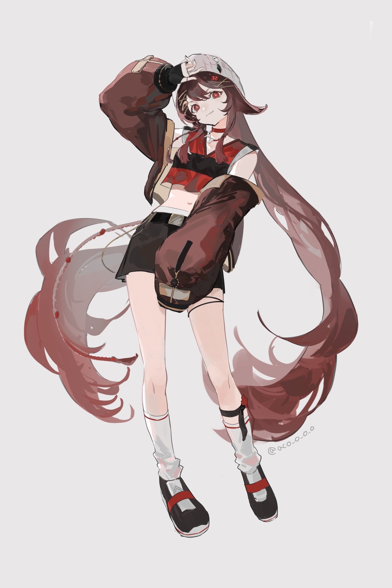 1girl aco_gbfg ankle_socks arm_up black_nails black_shorts braid choker crop_top double-parted_bangs fingerless_gloves full_body genshin_impact gloves grey_background grin highres hu_tao_(galaxy_store)_(genshin_impact) hu_tao_(genshin_impact) jacket jewelry long_hair long_sleeves midriff navel necklace off_shoulder official_alternate_costume open_clothes open_jacket red_choker red_eyes red_jacket red_shirt shirt short_sleeves shorts sidelocks smile socks solo twintails twitter_username very_long_hair white_socks