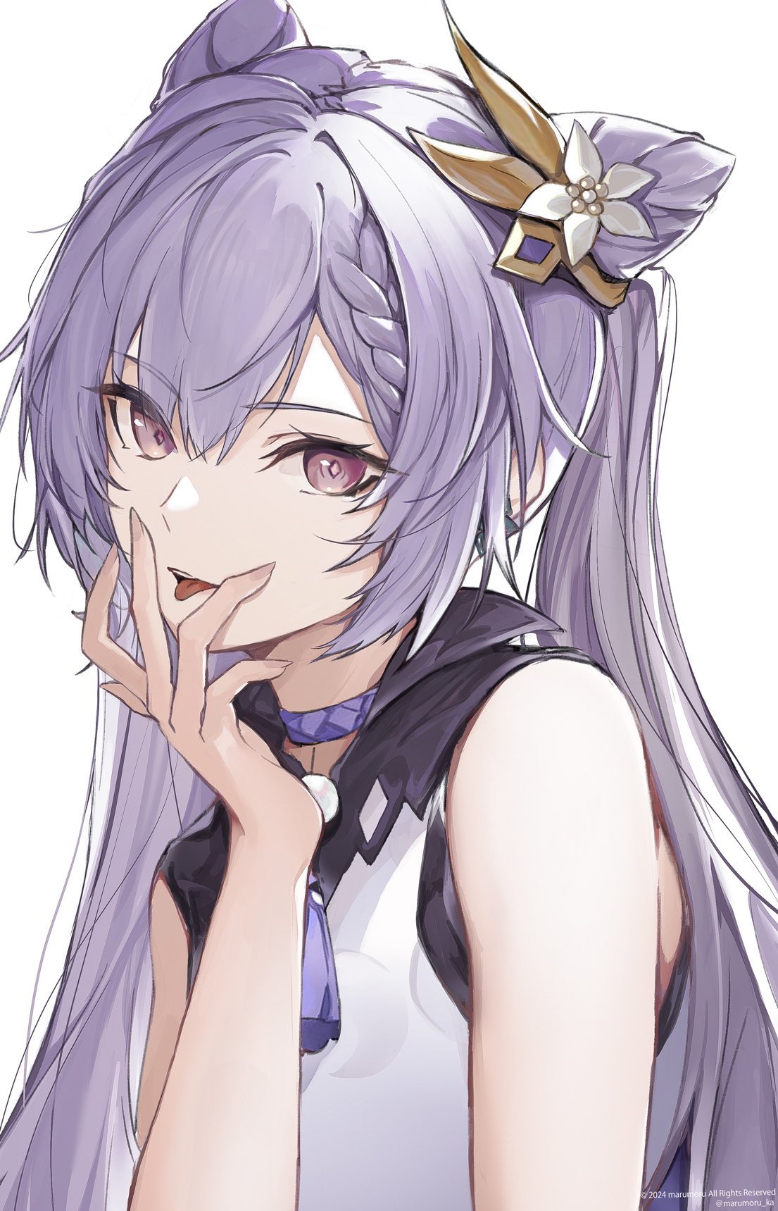 1girl braid commentary_request cone_hair_bun copyright_notice double_bun genshin_impact hair_bun hair_ornament highres keqing_(genshin_impact) long_hair looking_at_viewer marumoru open_mouth purple_hair side_braid simple_background sleeveless solo tongue tongue_out twintails violet_eyes white_background