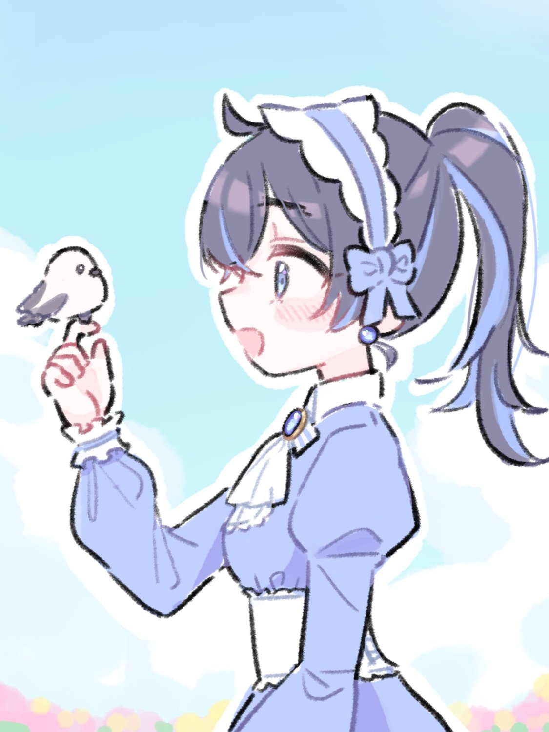 1girl :d ahoge ascot bird bird_on_hand black_hair blue_bow blue_dress blue_eyes blue_gemstone blue_hair blue_hairband blue_sky blush bow brooch clouds collared_dress crossed_bangs day dress earrings frilled_hairband frilled_sash frilled_sleeves frills gem hair_between_eyes hair_bow hairband hand_up high_ponytail highres honkai_(series) honkai_impact_3rd jewelry juliet_sleeves long_hair long_sleeves multicolored_hair open_mouth outdoors outline ponytail profile puffy_sleeves sash seele_vollerei sidelocks sky smile solo streaked_hair upper_body velcozz white_ascot white_outline white_sash wing_collar