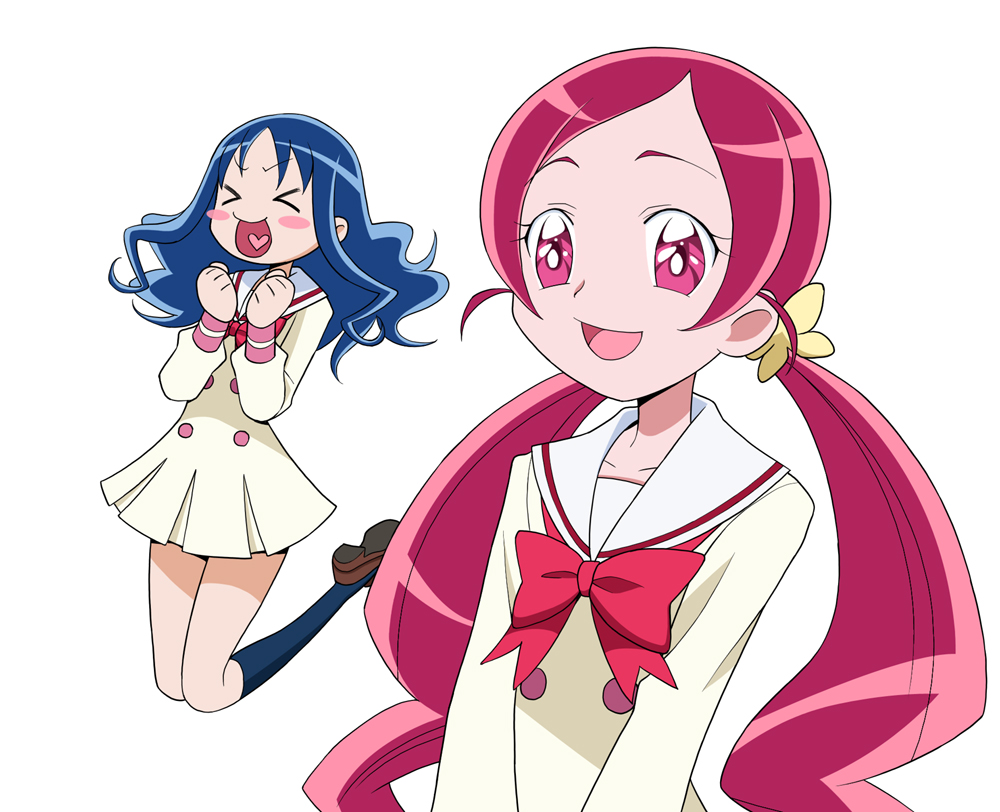 &gt;_&lt; 2girls black_socks blue_hair blush_stickers bow bowtie brown_footwear buttons clenched_hands collarbone collared_dress commentary_request cowboy_shot dress eyelashes flower fukuoka_kasumi hair_flower hair_ornament hanasaki_tsubomi hands_on_lap heart heart_in_mouth heartcatch_precure! kneehighs kurumi_erika long_hair long_sleeves looking_ahead low_twintails multiple_girls myoudou_gakuen_middle_school_uniform open_mouth pink_eyes pink_hair pleated_skirt precure puffy_long_sleeves puffy_sleeves red_bow red_bowtie sailor_collar school_uniform shoes short_dress simple_background skirt smile socks twintails uwabaki v-shaped_eyebrows very_long_hair wavy_hair white_background white_sailor_collar yellow_dress yellow_flower yellow_sleeves