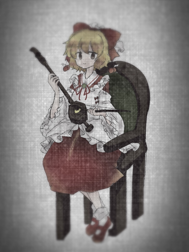 1girl blonde_hair bow bow_(music) bowtie chair cherry cherry_hair_ornament detached_sleeves erhu food food-themed_hair_ornament frilled_ribbon frilled_shirt frilled_shirt_collar frilled_sleeves frills fruit hair_between_eyes hair_ornament hair_ribbon holding holding_instrument instrument long_skirt long_sleeves looking_at_viewer mary_janes medium_hair miupuyo multicolored_clothes multicolored_shirt red_bow red_bowtie red_footwear red_ribbon red_shirt red_skirt ribbon satsuki_rin shirt shoes simple_background sitting skirt sleeves_past_elbows sleeves_past_wrists smile socks touhou white_shirt white_sleeves white_socks wide_sleeves yellow_eyes