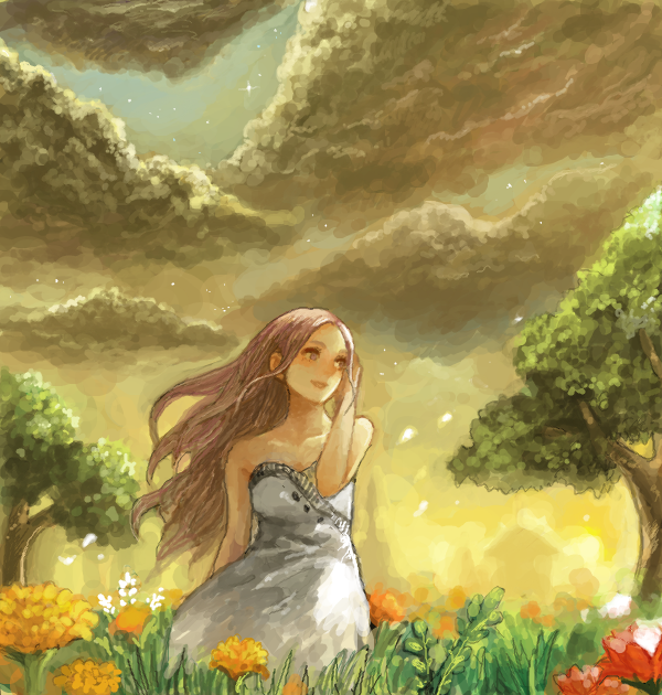 1girl bad_drawr_id bad_id bare_shoulders brown_hair character_request clouds copyright_request dress em_(emily) field flower grass hand_up long_hair oekaki open_mouth orange_flower original outdoors red_flower sky smile solo strapless strapless_dress tree white_dress wind