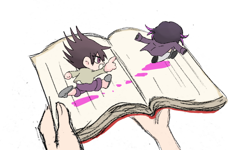 2boys black_footwear blood blood_stain book chasing chibi coat coat_on_shoulders commentary_request danganronpa_(series) danganronpa_v3:_killing_harmony from_behind grey_footwear grey_jacket grey_sleeves holding holding_book jacket long_sleeves male_focus mini_person miniboy momota_kaito multiple_boys oma_kokichi open_book open_mouth pants pink_blood pointing purple_coat purple_hair purple_pants running shirt shoes short_hair simple_background slippers spiked_hat spoilers sugi_haeru violet_eyes white_background white_pants white_shirt