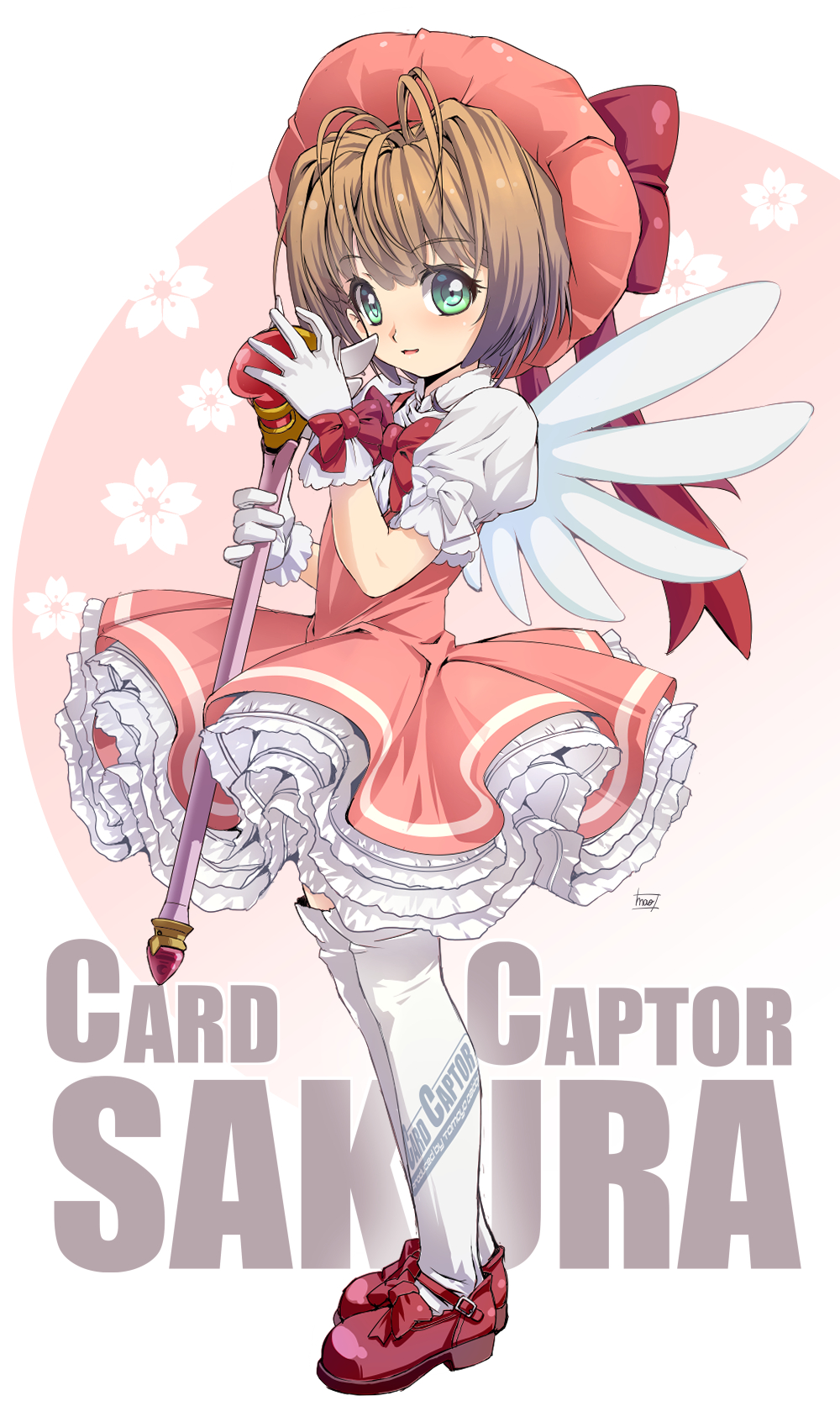 1girl blush brown_hair cardcaptor_sakura dress frilled_dress frills full_body gloves green_eyes hat highres holding holding_wand kinomoto_sakura looking_at_viewer magical_girl mao_(6r) parted_lips solo thigh-highs wand white_thighhighs wings