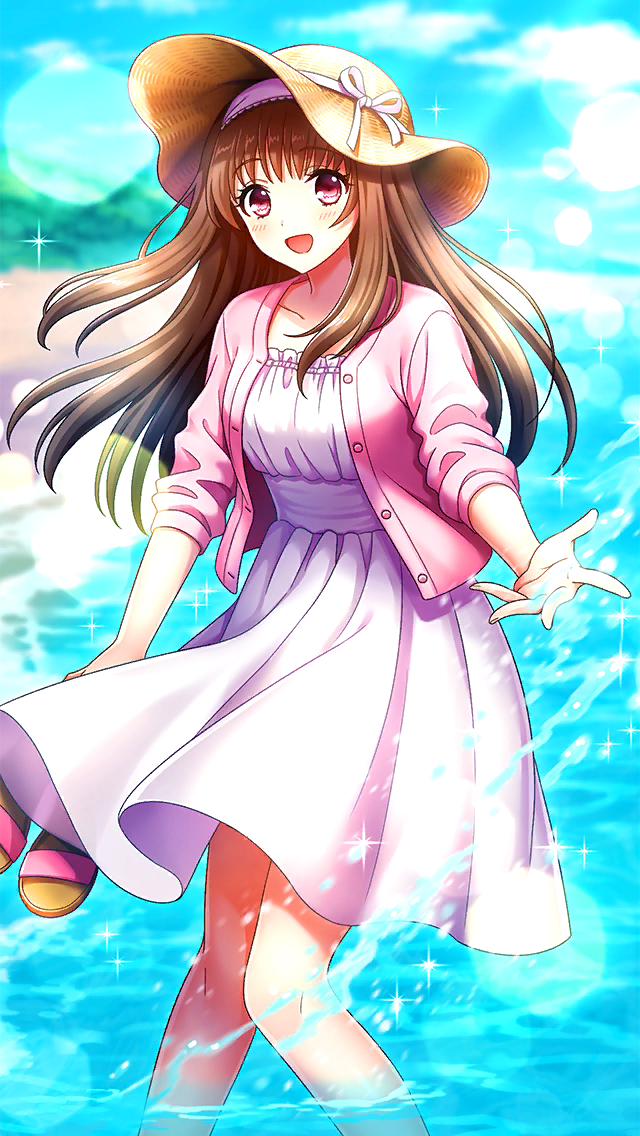 1girl :d blush brown_hair collarbone day doukyuusei_another_world dress floating_hair game_cg hairband hat hat_ribbon jacket kakyuusei long_hair official_art open_clothes open_jacket open_mouth outdoors pink_hairband pink_jacket red_eyes ribbon smile solo splashing straw_hat summer sun_hat sundress white_dress white_ribbon yellow_hat yuuki_mizuho