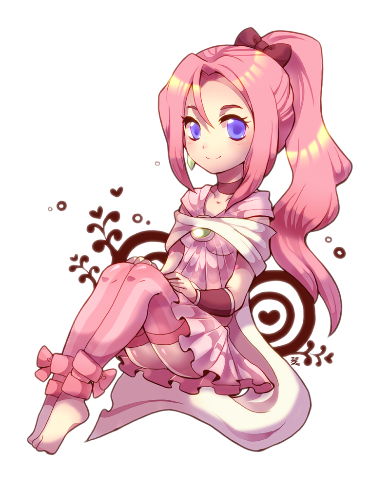 1girl blue_eyes bow choker closed_mouth collarbone earrings eyelashes final_fantasy final_fantasy_iv final_fantasy_iv:_the_after_years full_body jewelry kotorai long_hair looking_at_viewer pink_hair ponytail porom purple_thighhighs red_bow red_choker red_wristband smile solo thigh-highs white_background