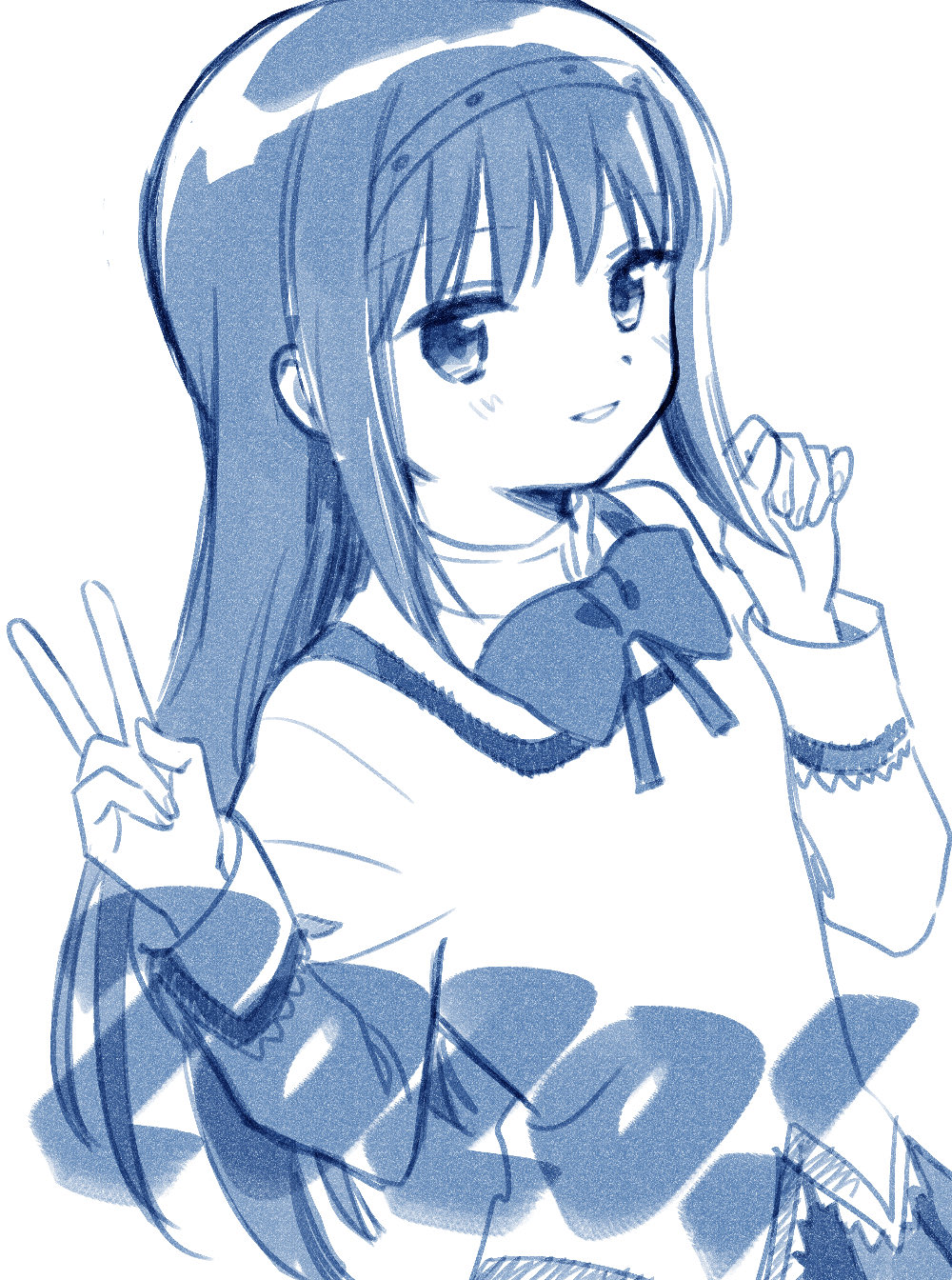 1girl 2020 akemi_homura blue_bow blue_bowtie blue_eyes blue_hairband blue_skirt blue_theme blush_stickers bow bowtie collared_shirt commentary_request cowboy_shot fingernails hairband high_collar highres juliet_sleeves lace-trimmed_shirt lace-trimmed_sleeves lace_trim long_hair long_sleeves looking_at_viewer mahou_shoujo_madoka_magica mahou_shoujo_madoka_magica_(anime) mitakihara_school_uniform no+bi= open_mouth pleated_skirt puffy_sleeves school_uniform shirt simple_background skirt smile solo straight_hair studded_hairband v very_long_hair white_background