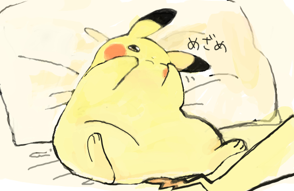 animal_ears bed circle_(pixiv620288) dot_nose no_humans one_eye_closed pikachu pillow pokemon pokemon_(creature) sleepy solo tail