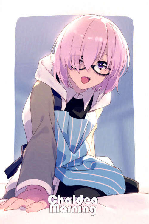 1girl apron black-framed_eyewear black_dress blue_apron blush commentary_request dress echo_(circa) english_text fate/grand_order fate_(series) glasses grey_jacket hair_over_one_eye hood hood_down hooded_jacket jacket long_sleeves looking_at_viewer mash_kyrielight multicolored_clothes multicolored_jacket on_bed one_eye_covered open_clothes open_jacket open_mouth pink_hair short_hair sitting smile solo twitter_username two-tone_jacket violet_eyes white_jacket
