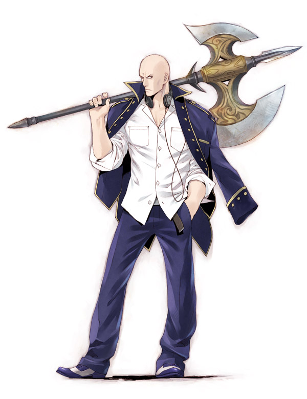 1boy axe bald battle_axe blue_pants character_request copyright_request full_body hand_in_pocket headphones headphones_around_neck hitaki_(tempo) holding holding_axe holding_weapon jacket male_focus over_shoulder pants shirt shoes simple_background solo standing tachi-e weapon weapon_over_shoulder white_background white_shirt