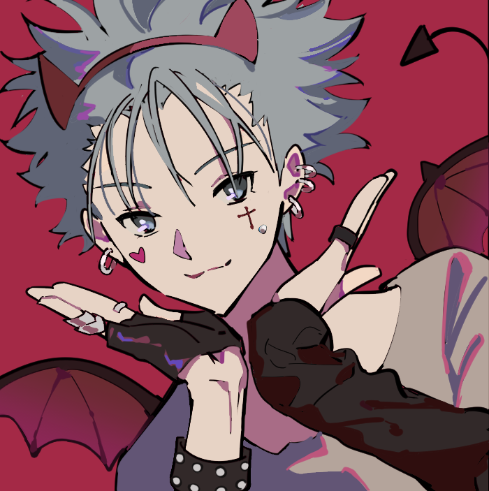 1boy :3 black_gloves black_sleeves blue_eyes blue_hair closed_mouth cross cross_facial_mark demon_tail demon_wings dutch_angle ear_piercing earrings facial_mark fake_horns fingerless_gloves gloves grey_hair grey_shirt hairband hands_up heart heart_facial_mark horns jewelry long_sleeves looking_at_viewer male_focus multiple_earrings multiple_rings nana_(series) null024 okazaki_shin'ichi piercing portrait red_background red_hairband ring shirt short_hair simple_background single_glove smile smirk solo spiky_hair studded_bracelet t-shirt tail wings