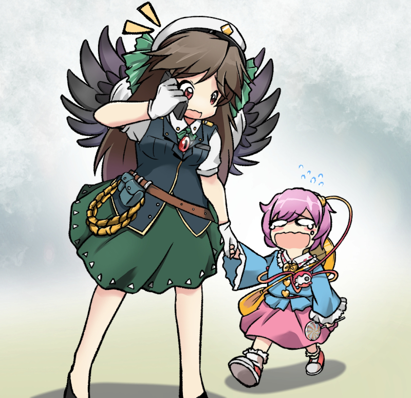 2girls aged_down alternate_costume bag belt belt_pouch bird_wings black_wings blue_shirt bow brown_belt brown_hair buttons candy cape child commentary english_commentary eyeball flying_sweatdrops food frilled_shirt_collar frilled_sleeves frills gloves green_bow green_skirt hair_bow hair_ornament hairband hat heart heart_button heart_hair_ornament holding holding_candy holding_food holding_hands holding_lollipop holding_phone komeiji_satori korean_commentary lollipop long_hair long_sleeves mirae_somang multiple_girls open_mouth phone pink_hair pink_skirt pouch red_eyes reiuji_utsuho ribbon-trimmed_collar ribbon_trim rope shirt short_hair short_sleeves shoulder_bag skirt tears third_eye touhou very_long_hair vest white_gloves wide_sleeves wings