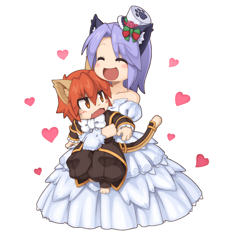 1boy 1girl :d animal_ears baggy_pants black_coat black_pants blush bow bowtie cat_boy cat_ears cat_tail chibi closed_eyes coat dress eyes_visible_through_hair fang floral_print flower full_body furry furry_male furry_with_non-furry gloves gold_trim green_bow hair_between_eyes hair_bow hat hat_flower heart hetero hug interspecies long_bangs long_dress looking_at_another medium_bangs medium_hair off-shoulder_dress off_shoulder official_art open_mouth orange_eyes orange_hair pants parted_bangs paw_print pink_flower pink_rose purple_hair ragnarok_online rose rose_print short_hair simple_background smile tail tail_armor top_hat transparent_background v-shaped_eyebrows wedding wedding_dress white_bow white_bowtie white_dress white_gloves white_hat yuichirou