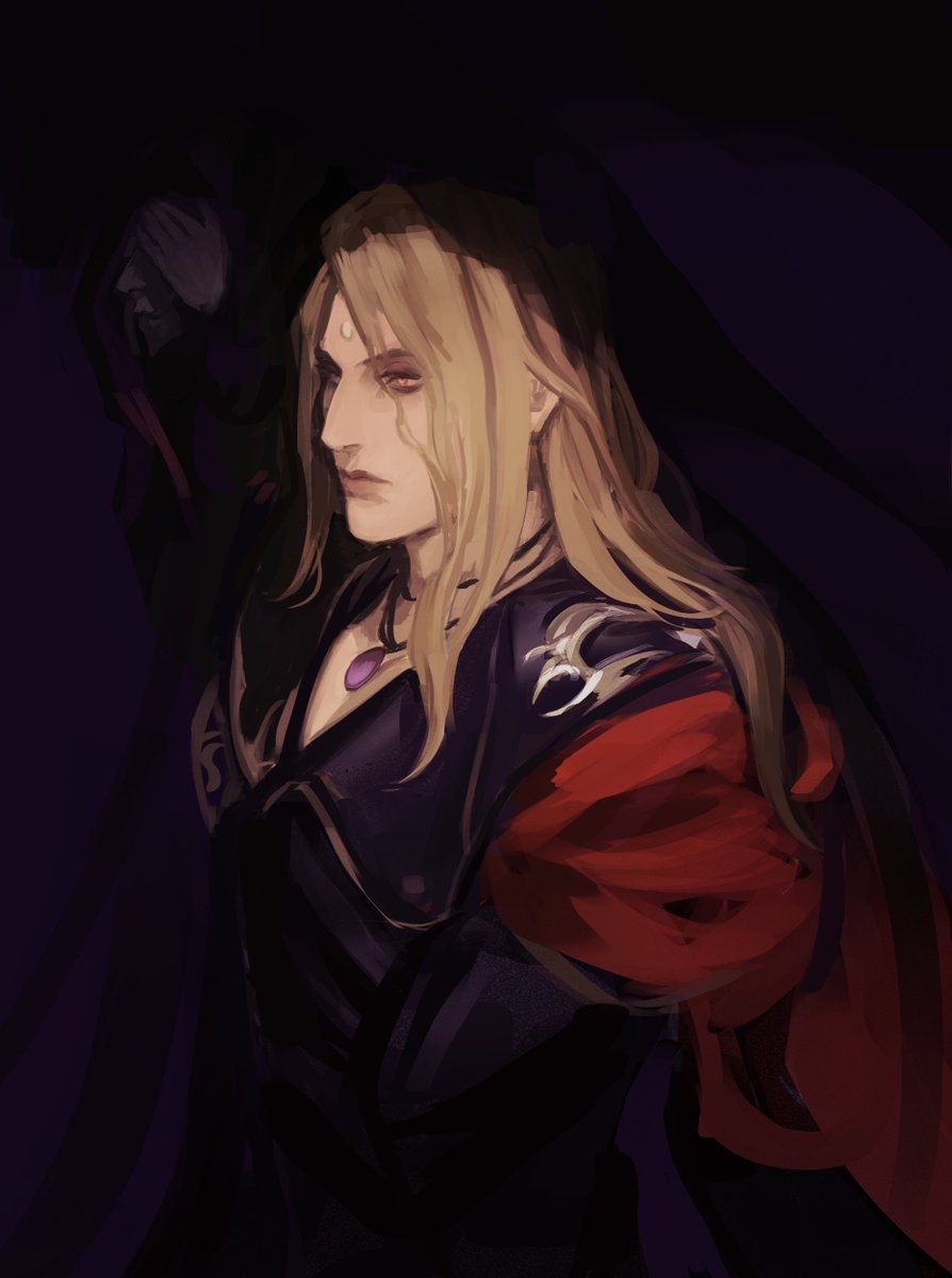 1boy 1other 888beru black_coat blonde_hair cape cloak coat commentary covering_own_eyes expressionless final_fantasy final_fantasy_xiv forehead_jewel from_side garlean hands_on_own_face highres jewelry long_hair looking_ahead male_focus pendant pink_eyes purple_cloak reaper_(final_fantasy) red_cape upper_body voidsent zenos_yae_galvus