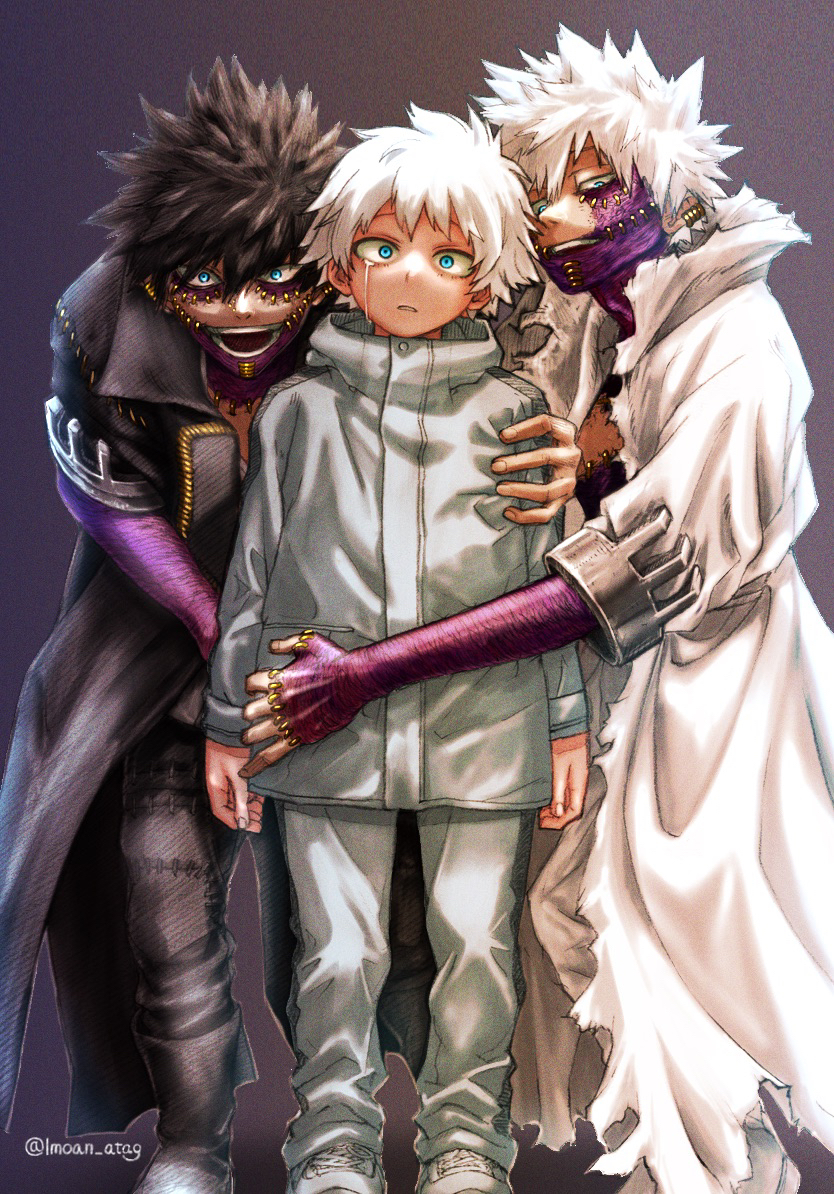 3boys arms_at_sides black_coat black_hair blue_eyes boku_no_hero_academia coat crying dabi_(boku_no_hero_academia) earrings grey_background hand_on_another's_shoulder imoan_atag jacket jewelry male_focus multiple_boys multiple_persona pants parted_lips spiky_hair spoilers stitched_face stitches todoroki_touya twitter_username white_coat white_hair white_jacket white_pants