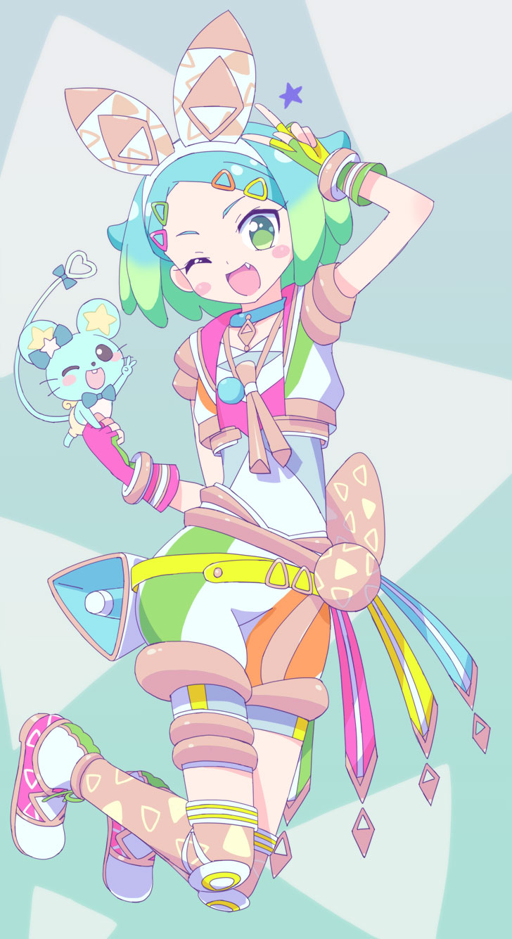 1girl ;d arm_up asymmetrical_gloves chuppe cropped_jacket full_body gloves green_eyes green_gloves green_hair hairband hand_up highres idol_clothes idol_time_pripara jacket jewelry knee_pads ku_(residual666) looking_at_viewer mismatched_gloves mouse necklace nijiiro_nino one_eye_closed open_clothes open_jacket open_mouth pink_gloves pretty_series pripara shirt shoes short_hair short_sleeves shorts smile solo thigh-highs v white_hairband