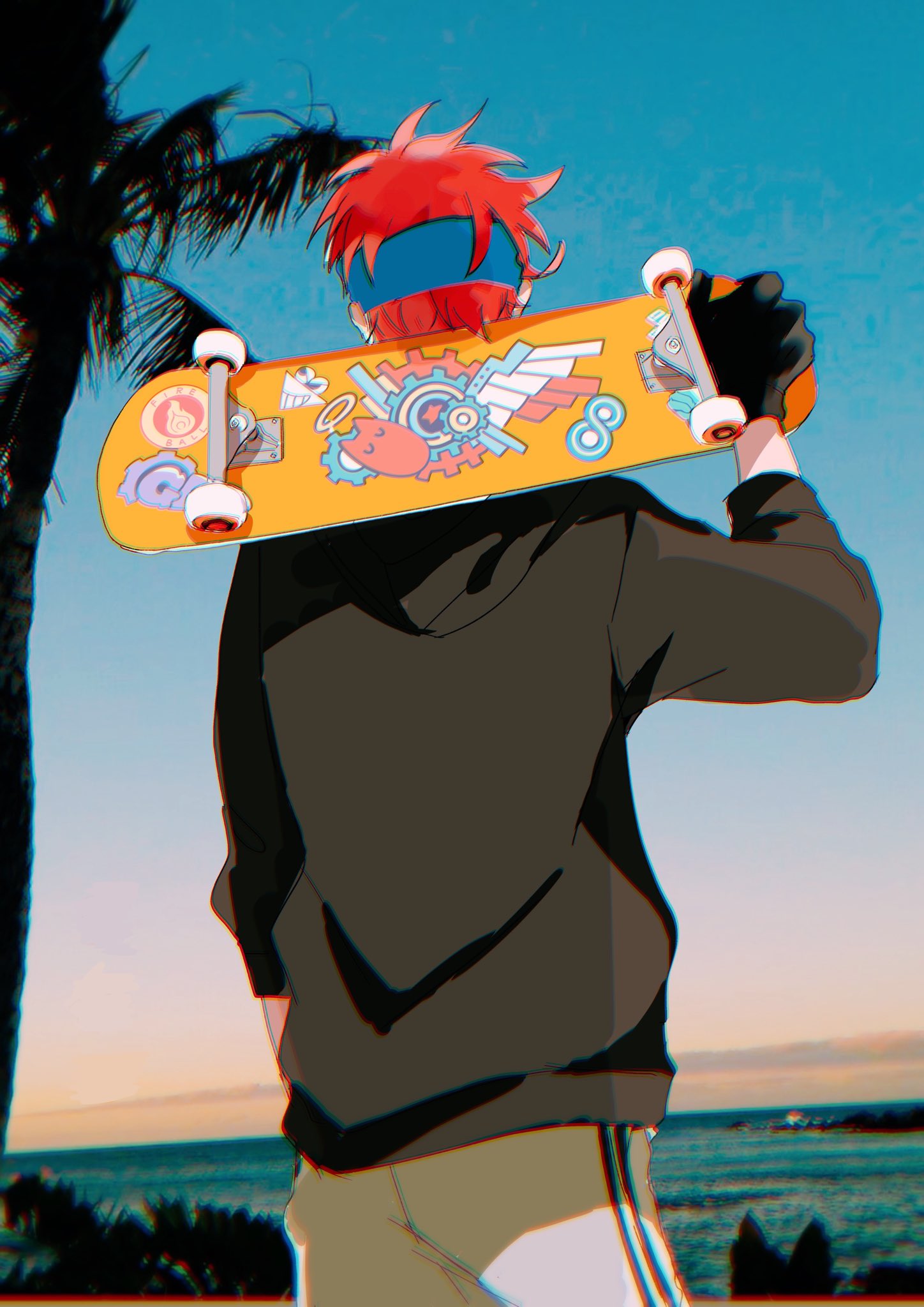 1boy back golden_hour highres hood hoodie kyan_reki ocean redhead short_hair sk8_the_infinity skateboard solo sunset