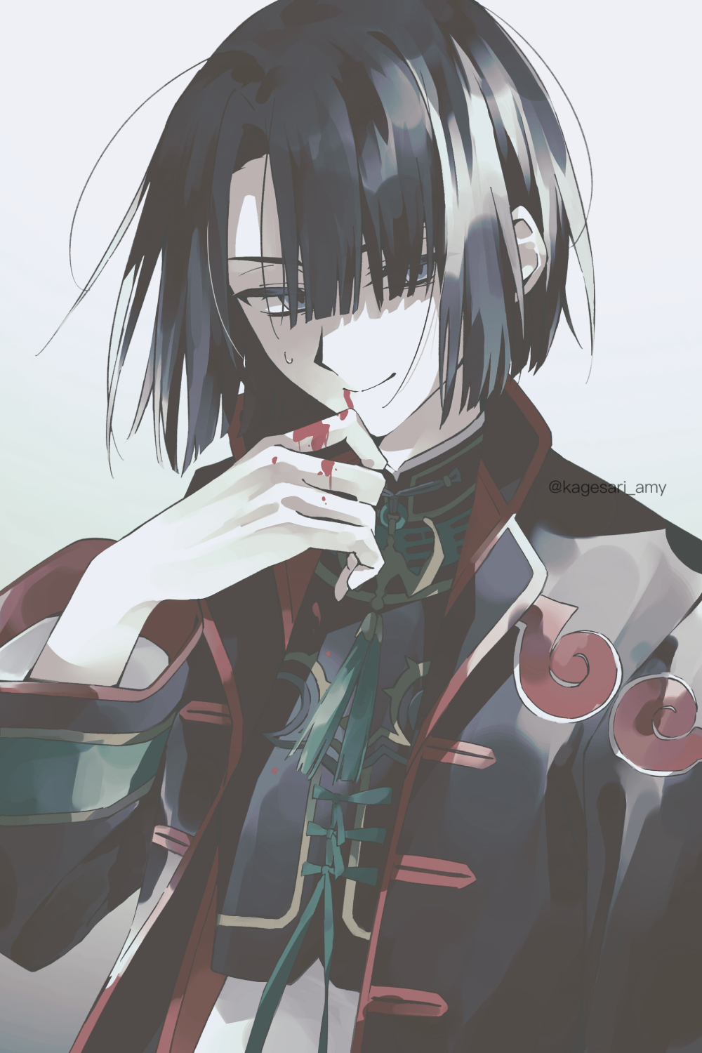 1boy black_coat black_hair blood blood_on_hands blood_on_mouth changpao chinese_clothes closed_mouth coat curtained_hair fate/grand_order fate_(series) hair_over_one_eye high_collar highres ichi_se3nemui long_sleeves looking_at_viewer male_focus red_trim shirt short_hair simple_background solo sweatdrop tai_gong_wang_(fate) twitter_username violet_eyes