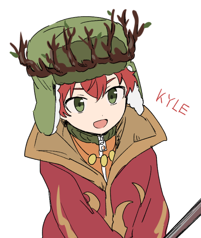 1boy character_name crown fur_hat green_eyes haizai hat jacket jewelry kyle_broflovski male_focus mystical_high_collar necklace open_mouth redhead robe smile solo south_park south_park:_the_stick_of_truth ushanka