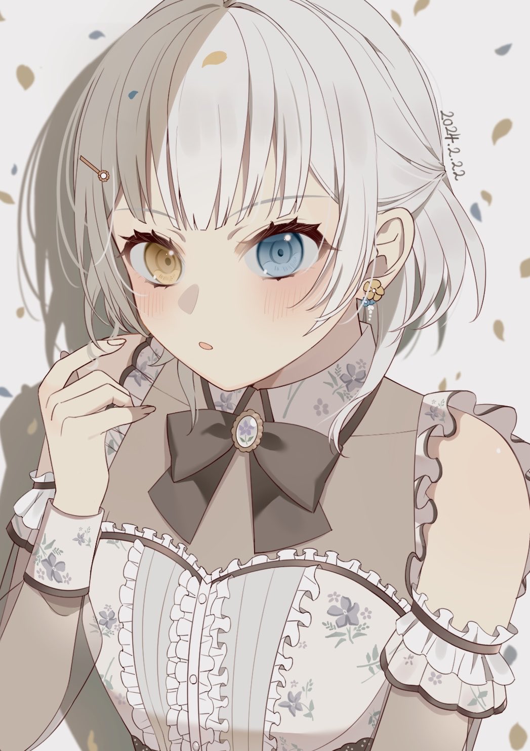 1girl bang_dream! bang_dream!_it's_mygo!!!!! black_bow black_bowtie blue_eyes blush bow bowtie commentary_request dated dress earrings falling_petals grey_background hair_ornament hairclip hand_up heterochromia highres jewelry kaname_raana long_sleeves looking_at_viewer me_a_(r_party428) off-shoulder_dress off_shoulder parted_lips petals simple_background solo upper_body white_dress yellow_eyes
