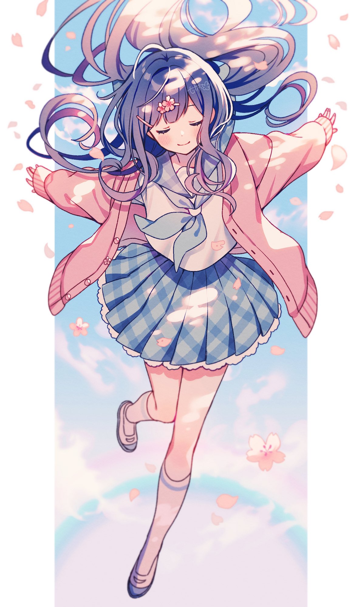 1girl amagi_hana arms_up bangs_pinned_back blue_neckerchief blue_skirt blue_sky blush brown_hair cardigan cherry_blossoms closed_eyes closed_mouth clouds facing_viewer falling_petals floating floating_hair flower foot_up gradient_hair grey_sailor_collar hair_flower hair_ornament hairpin highres kneehighs knees_together_feet_apart long_hair long_sleeves miniskirt multicolored_hair neckerchief open_cardigan open_clothes original outdoors outstretched_arms petals pillarboxed pink_cardigan pink_flower pink_hair plaid plaid_skirt pleated_skirt rainbow sailor_collar school_uniform serafuku shirt shoes skirt sky sleeves_past_wrists smile socks solo white_shirt white_socks