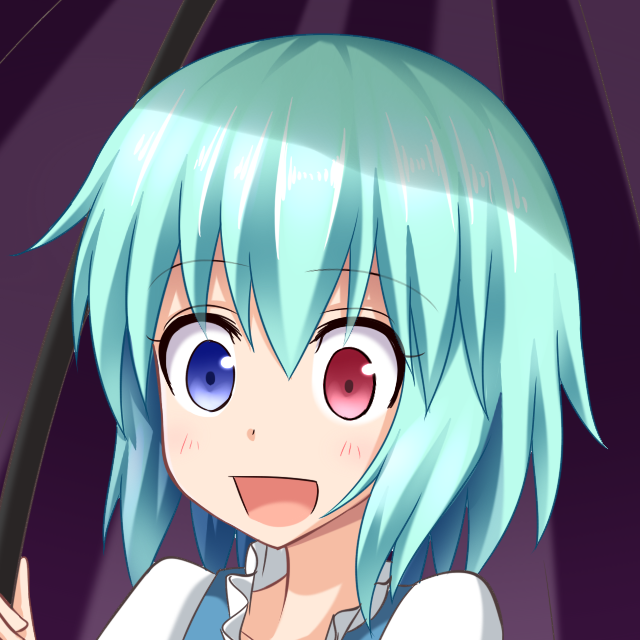 1girl :d blue_eyes blue_hair commentary_request gin'you_haru heterochromia looking_at_viewer open_mouth portrait profile_picture purple_umbrella red_eyes short_hair smile solo tatara_kogasa touhou umbrella upper_body