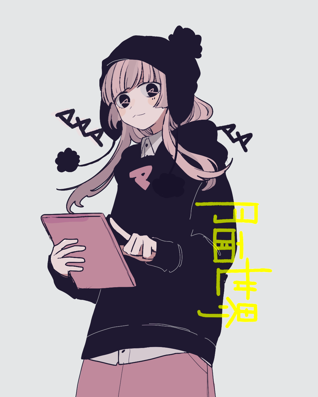 1girl beanie black_eyes black_hoodie blunt_bangs blush_stickers closed_mouth collared_shirt cowboy_shot grey_background hat highres holding holding_tablet_pc hood hoodie long_hair long_sleeves looking_at_viewer maco22 original pink_hair pink_skirt pom_pom_(clothes) shirt simple_background skirt smile solo tablet_pc white_background white_shirt