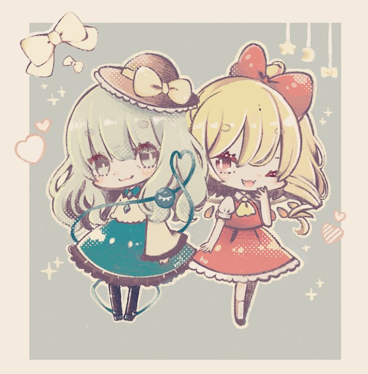 2girls ascot black_footwear black_hat black_thighhighs blonde_hair blouse bow buttons chibi crystal diamond_button eyeball flandre_scarlet frilled_shirt_collar frilled_sleeves frills full_body green_eyes green_hair green_skirt hair_bow hand_on_own_face hat hat_bow hat_ribbon heart heart_of_string komeiji_koishi mike_(mikeneko) mob_cap multicolored_wings multiple_girls one_eye_closed one_side_up open_mouth puffy_short_sleeves puffy_sleeves red_eyes red_skirt red_vest ribbon shirt short_sleeves side_ponytail skirt skirt_set teeth thigh-highs third_eye touhou upper_teeth_only vest white_hat wide_sleeves wings yellow_ascot yellow_bow yellow_ribbon yellow_shirt
