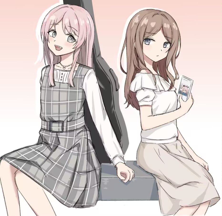 2girls bang_dream! bang_dream!_it's_mygo!!!!! brown_hair chihaya_anon closed_mouth commentary_request dress fang frilled_shirt frills gradient_background grey_dress grey_eyes grey_skirt holding holding_phone long_hair long_sleeves looking_at_another multiple_girls nagasaki_soyo off-shoulder_shirt off_shoulder open_mouth phone pinafore_dress pink_background pink_hair plaid plaid_dress rindesugesu shirt sitting skirt sleeveless sleeveless_dress smile white_background white_shirt