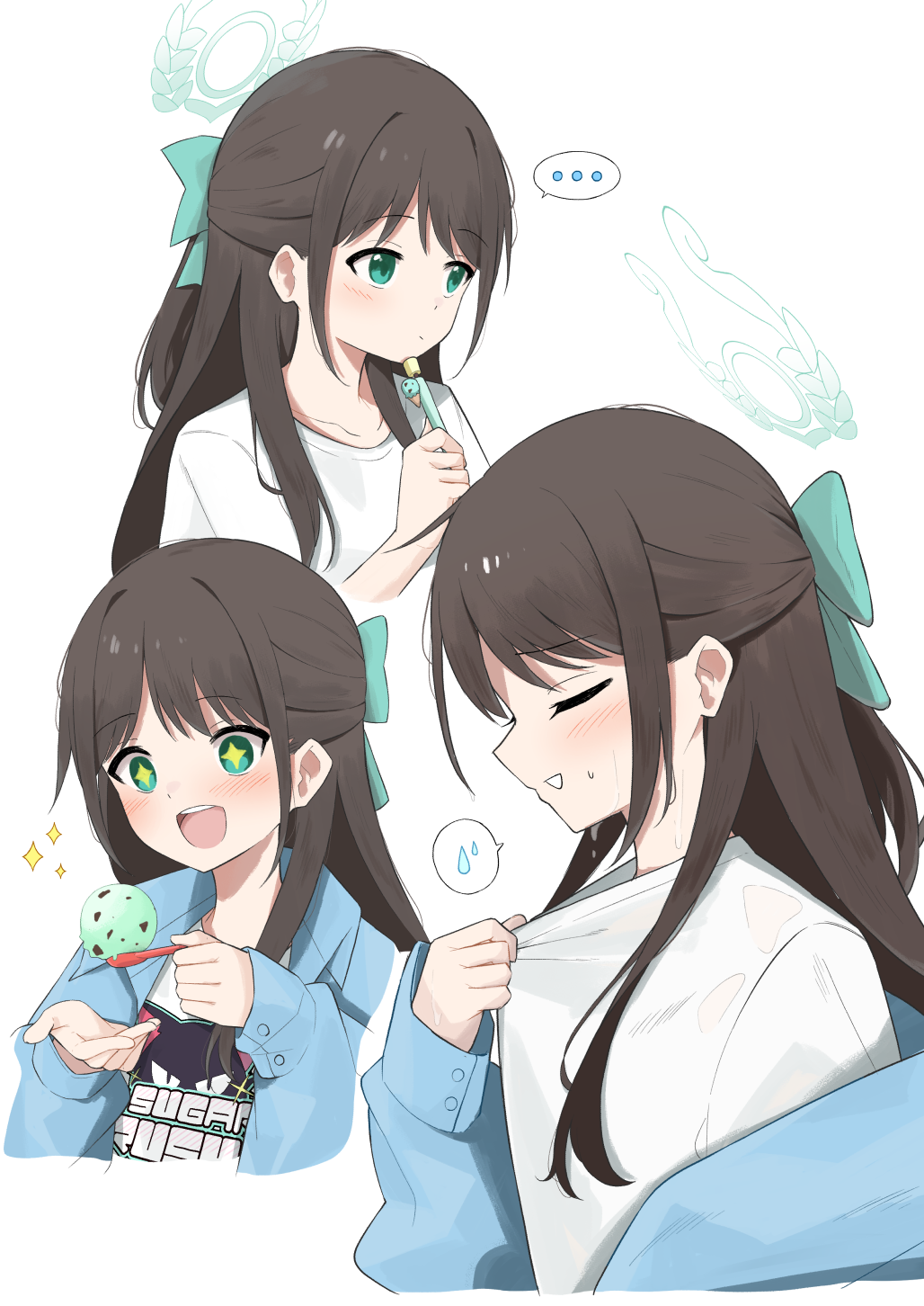 ... 1girl airi_(band)_(blue_archive) airi_(blue_archive) black_hair blue_archive blue_jacket closed_eyes food green_eyes green_halo halo highres holding holding_pen holding_spoon ice_cream jacket long_hair long_sleeves mint_chocolate multiple_views official_alternate_costume open_clothes open_jacket open_mouth pen shirt simple_background smile spoken_ellipsis spoon white_background white_shirt yoimura