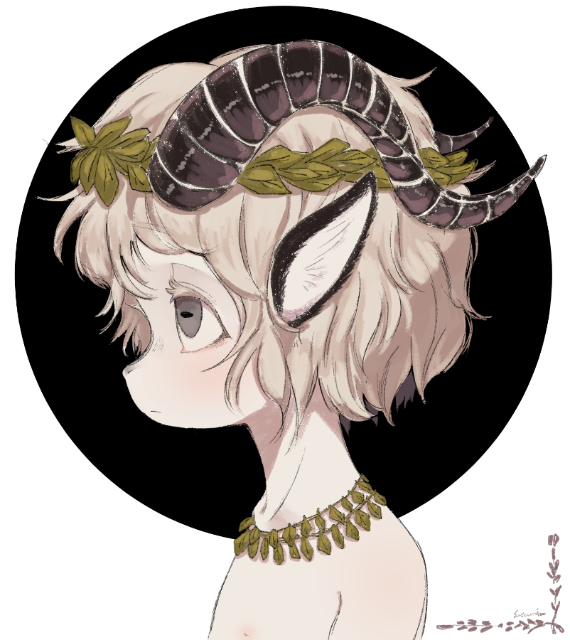 animal_ears artist_name black_background brown_eyes colored_eyelashes commentary_request furry furry_male goat_boy goat_ears goat_horns horizontal_pupils horns jewelry laurel_crown leaf_necklace light_brown_hair looking_to_the_side necklace original portrait sasamichr short_hair solo