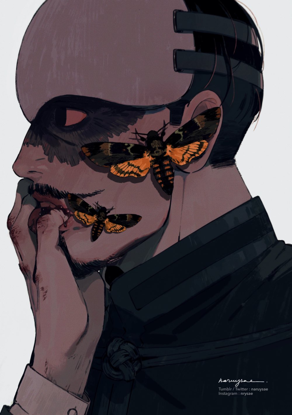 1boy black_hair black_shirt death's_head_hawkmoth finger_in_own_mouth from_side golden_kamuy grey_background highres instagram_username long_sleeves male_focus mask naruysae scar scar_on_face shirt short_hair simple_background solo tsurumi_tokushirou tumblr_username twitter_username