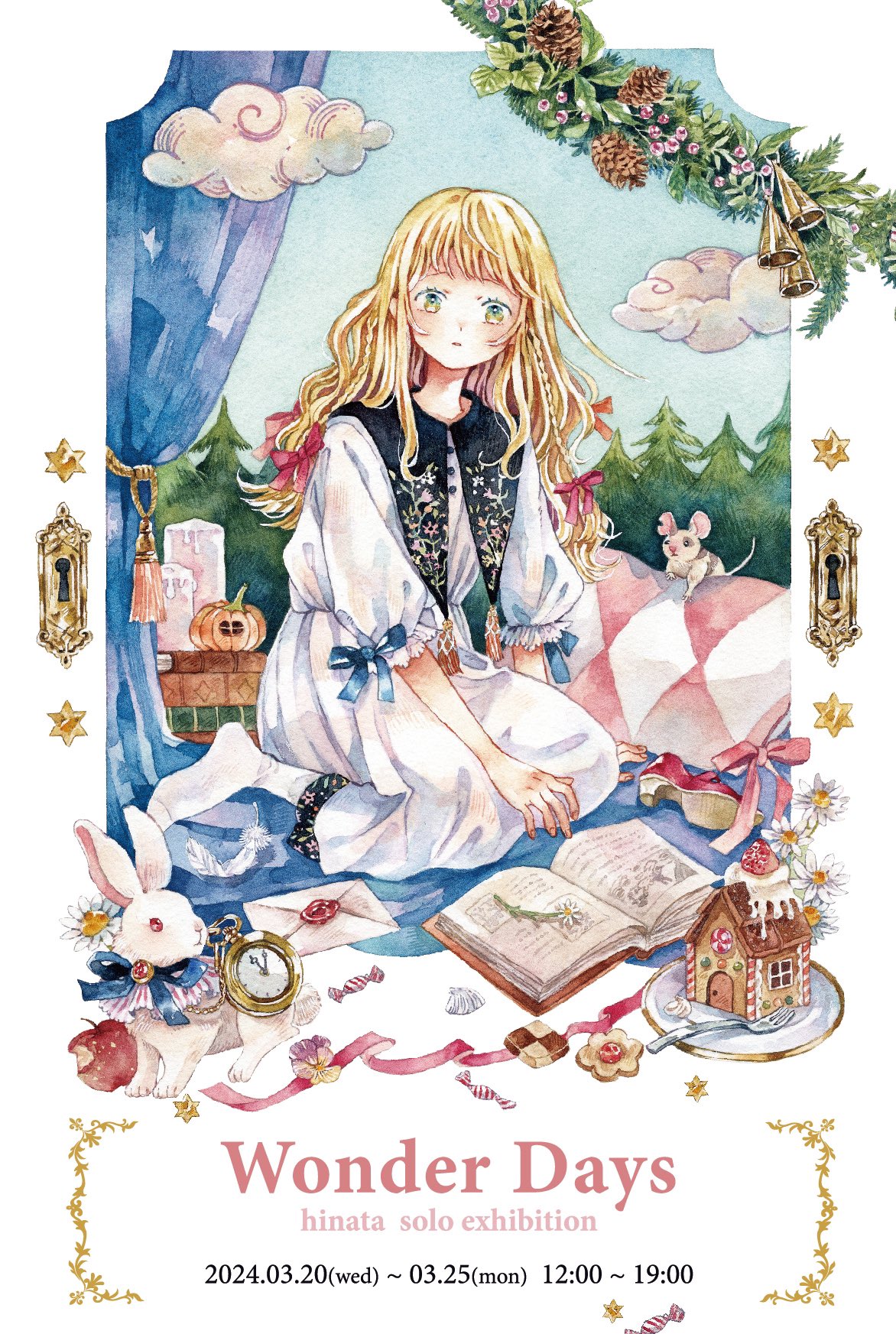 1girl artist_name blonde_hair blue_bow book bow cake candy checkerboard_cookie clouds cookie cup curtains dated dress english_text flower food fork fruit green_eyes hair_bow hair_ribbon highres hntaa key long_hair looking_at_viewer mouse open_book original painting_(medium) pillow pink_ribbon plant pocket_watch poster_(medium) puffy_sleeves rabbit red_ribbon ribbon short_sleeves sitting sky socks solo star_(symbol) traditional_media tree watch watercolor_(medium) white_dress white_socks wrapped_candy