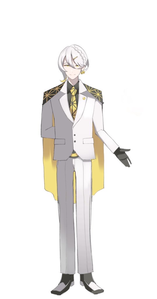 1boy adapted_costume arm_behind_back asa_no_ha_(pattern) bell black_cape black_gloves black_shirt braid cape commentary_request dress_pants full_body gloves hair_bell hair_between_eyes hair_ornament hiragi_sage iori_yuzuru jacket lapels long_sleeves looking_at_viewer male_focus necktie pants pokemon pokemon_swsh print_cape print_necktie shirt shoes short_hair side_braid simple_background smile solo standing straight-on suit suit_jacket two-tone_cape voiceroid white_background white_hair white_pants white_suit yellow_cape yellow_eyes yellow_necktie