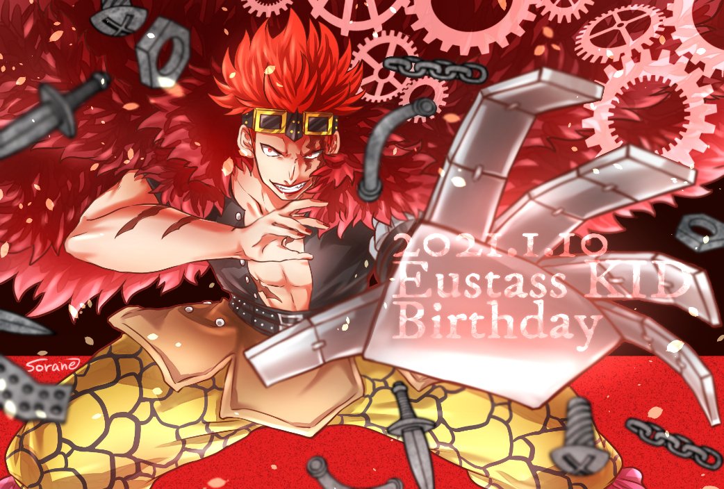 1boy abs aiming aiming_at_viewer birthday character_name choco_spica commentary_request dated eustass_kid gears goggles goggles_on_head hair_up knife male_focus mechanical_arms nail one_piece pants red_background redhead scar scar_on_arm scar_on_face short_hair single_mechanical_arm solo yellow_pants