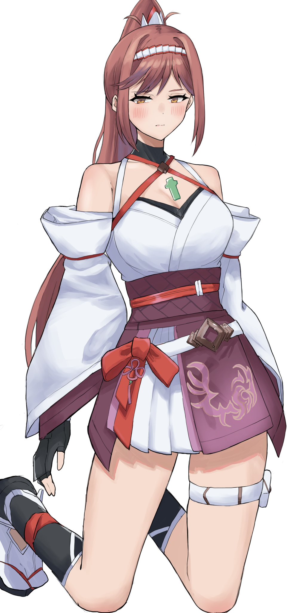 1girl chest_jewel core_crystal_(xenoblade) criss-cross_halter glimmer_(xenoblade) hairband halterneck high_ponytail highres japanese_clothes kimono redhead simple_background solo swept_bangs two-tone_hairband white_kimono xenoblade_chronicles_(series) xenoblade_chronicles_3 xenoblade_chronicles_3:_future_redeemed yamame_012 yellow_eyes